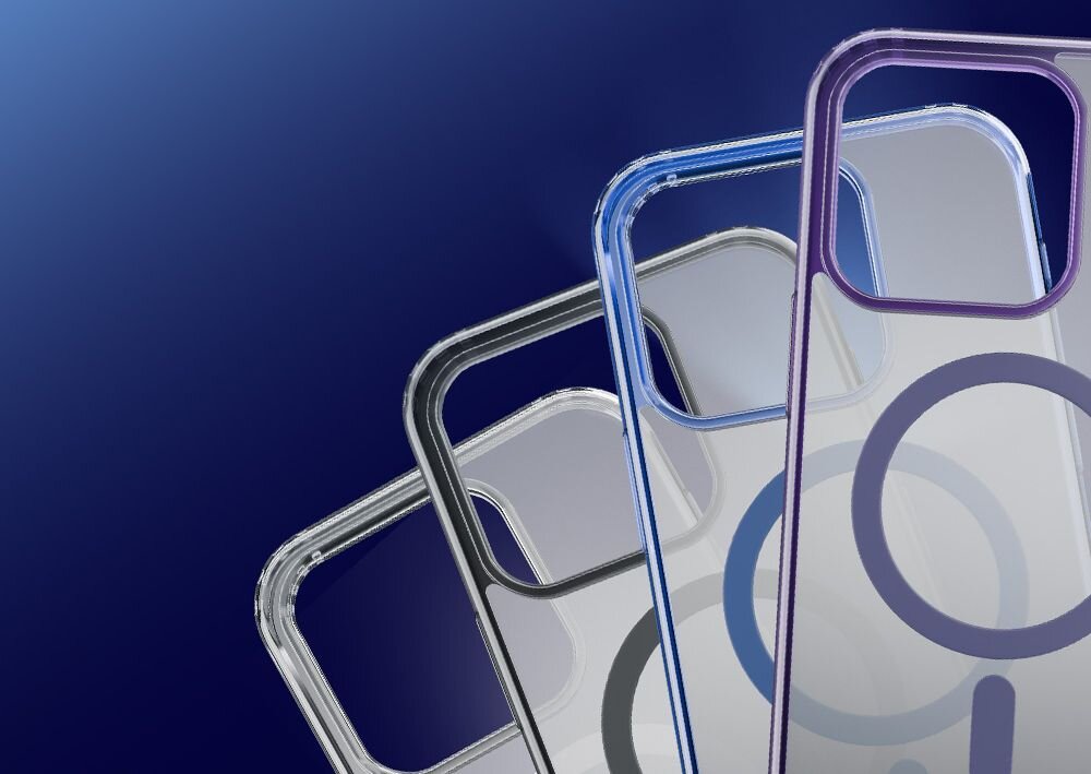 Na obrazie widoczne są cztery przezroczyste etui na telefon w różnych kolorach: czarnym, niebieskim, fioletowym i przezroczystym. Tło jest ciemnoniebieskie.