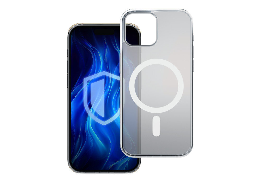 Na obrazie widoczne jest przezroczyste etui z białym okręgiem i prostokątem, umieszczone na tle telefonu z niebieskim, abstrakcyjnym wzorem. Telefon ma wyświetlacz z grafiką przedstawiającą tarczę ochronną.