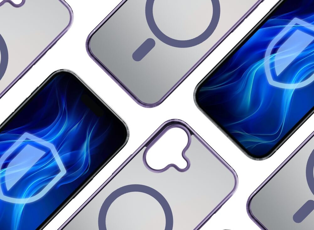 Na obrazie widoczne są fioletowe etui na telefon z okrągłym wzorem oraz telefon z niebieskim, abstrakcyjnym tłem i symbolem tarczy. Etui mają wycięcia na aparat i przyciski.