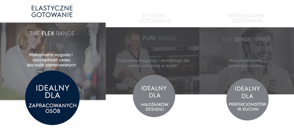 Grafika przedstawia trzy sekcje z napisami: \'THE FLEX RANGE\', \'THE PURE RANGE\', \'THE SENSE RANGE\'. Każda sekcja zawiera dodatkowy tekst, np. \'IDEALNY DLA ZAPRACOWANYCH OSÓB\'.