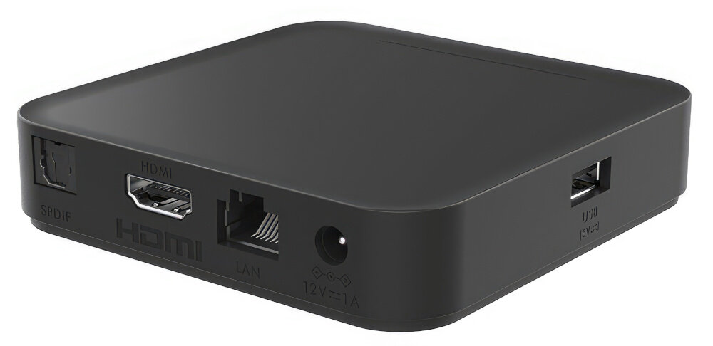 Czarny odtwarzacz multimedialny z portami HDMI, LAN, SPDIF oraz USB. Na obudowie widoczne są oznaczenia: HDMI, 12V⎓1A.