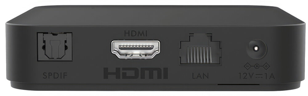 Obraz przedstawia tylny panel odtwarzacza multimedialnego z portami: SPDIF, HDMI, LAN oraz gniazdem zasilania oznaczonym jako 12V-1A. Na obudowie widoczny jest napis \'HDMI\'.