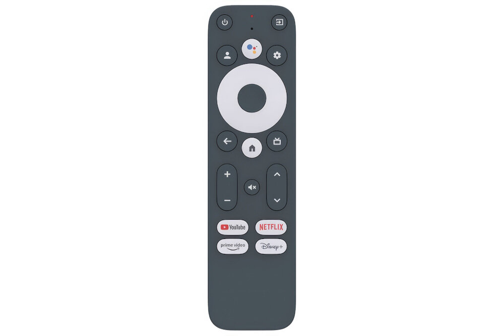 Pilot z ciemnoszarą obudową i białymi przyciskami, w tym przyciski z logo YouTube, Netflix, prime video i Disney+.