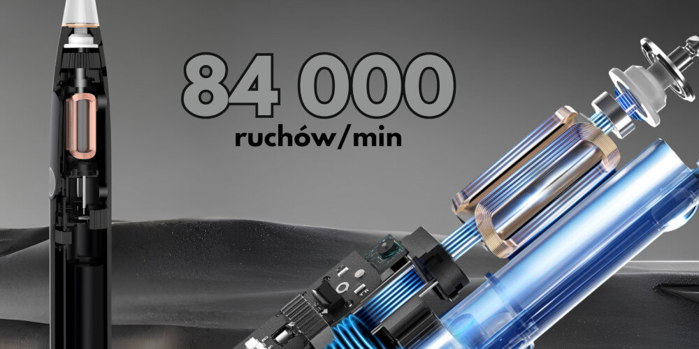 Obraz przedstawia czarną szczoteczkę soniczną z widocznym przekrojem wewnętrznym oraz napis \'84 000 ruchów/min\'.