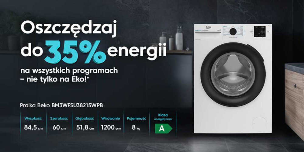 Obraz przedstawia pralkę z napisem \'Oszczędzaj do 35% energii na wszystkich programach – nie tylko na Eko!\'. Widoczne są również szczegóły techniczne: wysokość 84,5 cm, szerokość 60 cm, głębokość 51,8 cm, wirowanie 1200 rpm, pojemność 8 kg, klasa energetyczna A.
