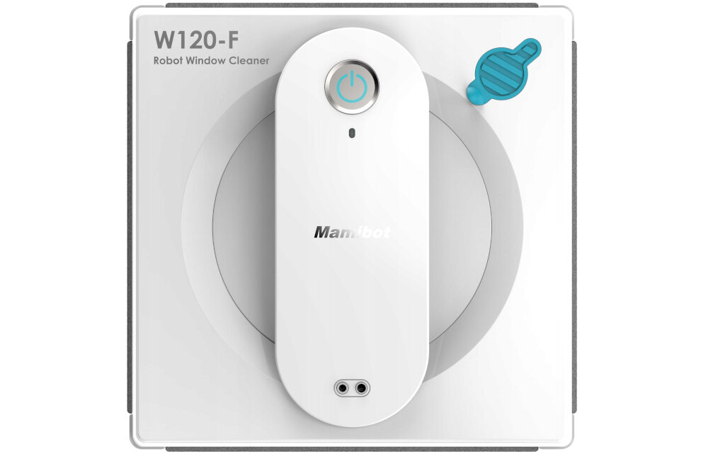 Na obrazie widoczny jest biały robot do mycia okien z napisem \'Mamibot\' oraz oznaczeniem modelu \'W120-F Robot Window Cleaner\'. W prawym górnym rogu znajduje się niebieski symbol w kształcie kropli z uchwytem.