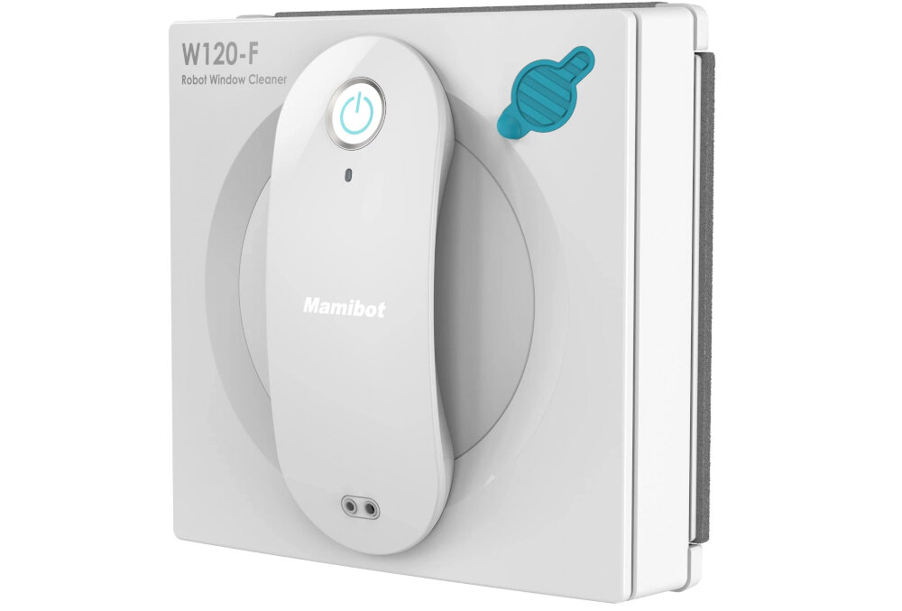Biały robot do mycia okien z napisem \'Mamibot\' i przyciskiem zasilania na górze. Na urządzeniu widoczny jest tekst \'W120-F Robot Window Cleaner\'.