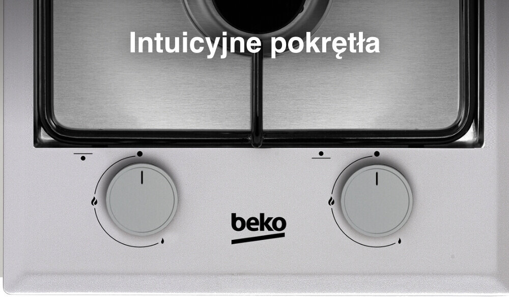 Zdjęcie przedstawia fragment płyty gazowej z dwoma pokrętłami i logo \'beko\'. Na górze widoczny jest tekst: \'Intuicyjne pokrętła\'.