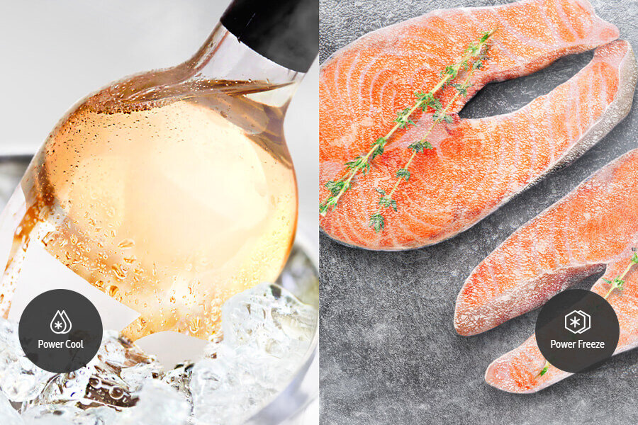 Zdjęcie - lodówka RB53DG706AB1 - Media Expert - Power Cool Po lewej stronie widoczna jest butelka wina w lodzie z ikoną i napisem \'Power Cool\'. Po prawej stronie znajdują się zamrożone kawałki łososia z ikoną i napisem \'Power Freeze\'.