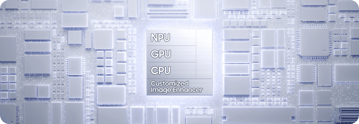 procesor-r Obraz przedstawia schemat płyty głównej z widocznymi elementami elektronicznymi. Na środku znajduje się tekst: \'NPU, GPU, CPU, Customized Image Enhancer\'.