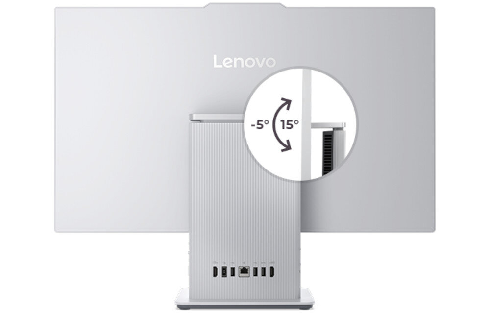 Tył komputera All in One z logo Lenovo, pokazujący możliwość regulacji nachylenia ekranu od -5 do 15 stopni. Widoczne są porty USB i inne złącza na podstawie urządzenia.