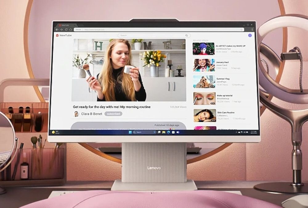 Na biurku stoi komputer All in One z logo Lenovo, na ekranie wyświetlany jest film z platformy NewTube przedstawiający kobietę z filiżanką. W tle widoczne są elementy dekoracyjne, takie jak kwiaty i lustro.