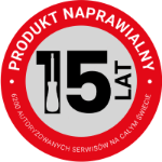 Okrągła naklejka z czerwonym obramowaniem i napisem \'PRODUKT NAPRAWIALNY 15 LAT\'.