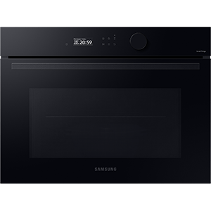 Piekarnik kompaktowy Samsung NQ5B5763DBK o pojemności 50 litrów Czarny piekarnik z wyświetlaczem pokazującym godzinę 20:59 i pokrętłem. Na froncie widoczne jest logo \'SAMSUNG\'.
