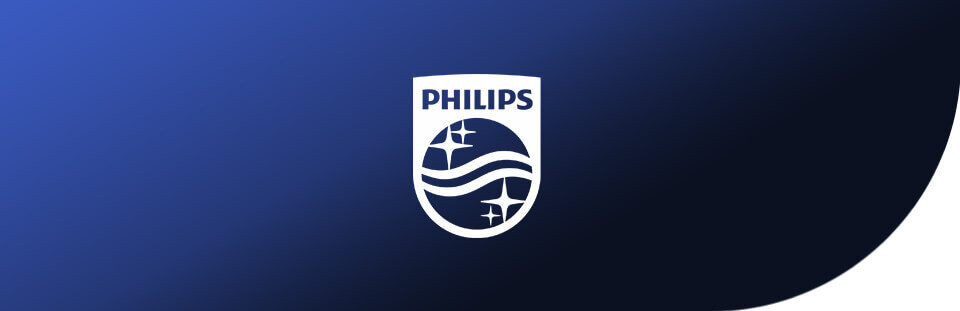 Logo PHILIPS na tle gradientu przechodzącego z niebieskiego w ciemny granatowy, z białymi elementami graficznymi przedstawiającymi fale i gwiazdy.