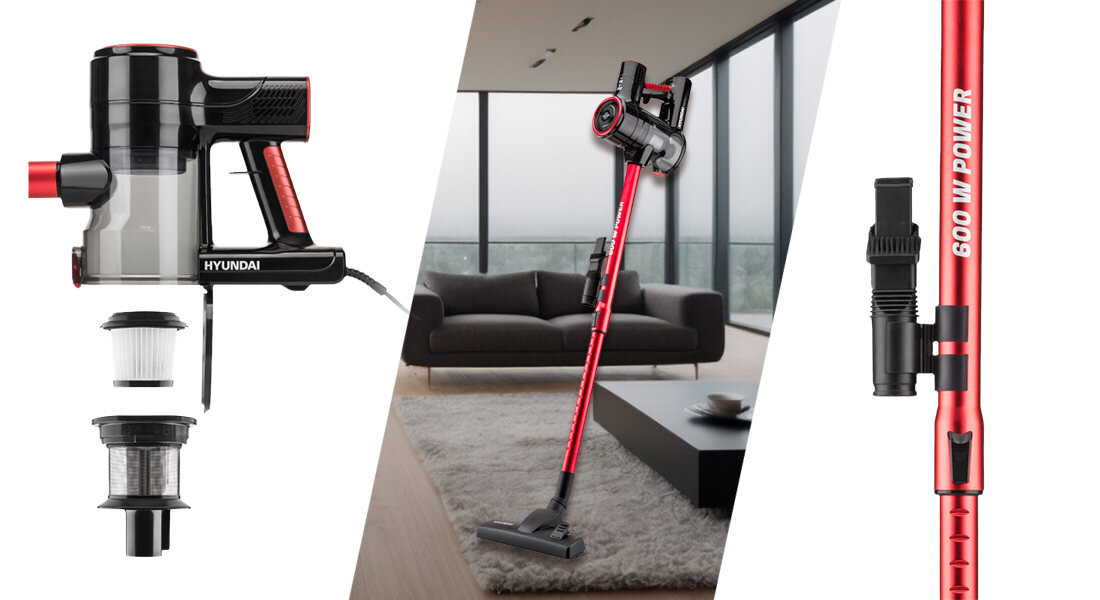 Obraz przedstawia odkurzacz pionowy w kolorze czerwonym i czarnym z widocznym logo HYUNDAI oraz napisem \'600 W POWER\'. W tle znajduje się nowoczesne wnętrze z dużymi oknami i sofą.