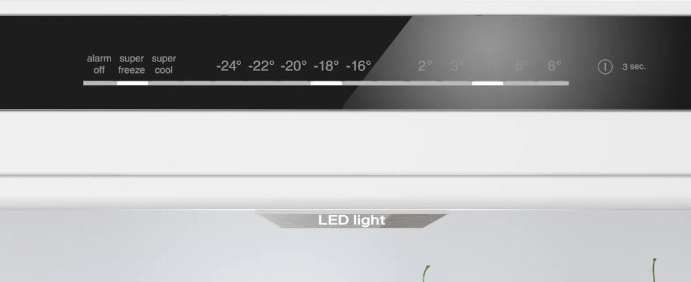 Panel sterowania lodówki z wyświetlaczem temperatury od -24°C do 8°C oraz przyciskiem \'3 sec.\'. Widoczny napis \'LED light\'.