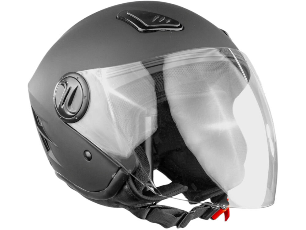 Czarny kask motocyklowy z przezroczystą szybką i wyściółką wewnętrzną. Na górze kasku widoczne jest logo w kształcie litery \'W\'.