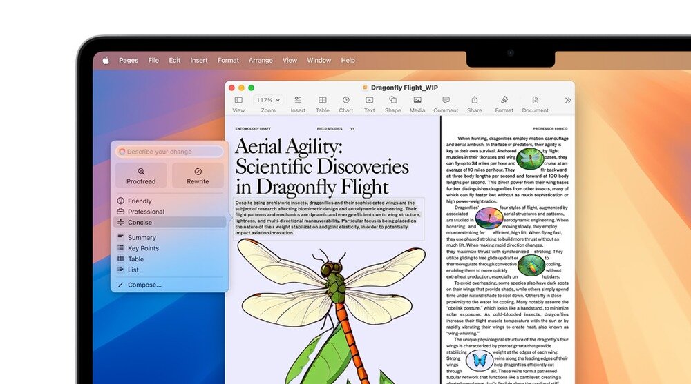 Na ekranie laptopa wyświetlony jest dokument tekstowy z ilustracją ważki i tytułem \'Aerial Agility: Scientific Discoveries in Dragonfly Flight\'. W górnej części ekranu widoczne są menu aplikacji z opcjami takimi jak File, Edit, Insert, Format, Arrange, Help.