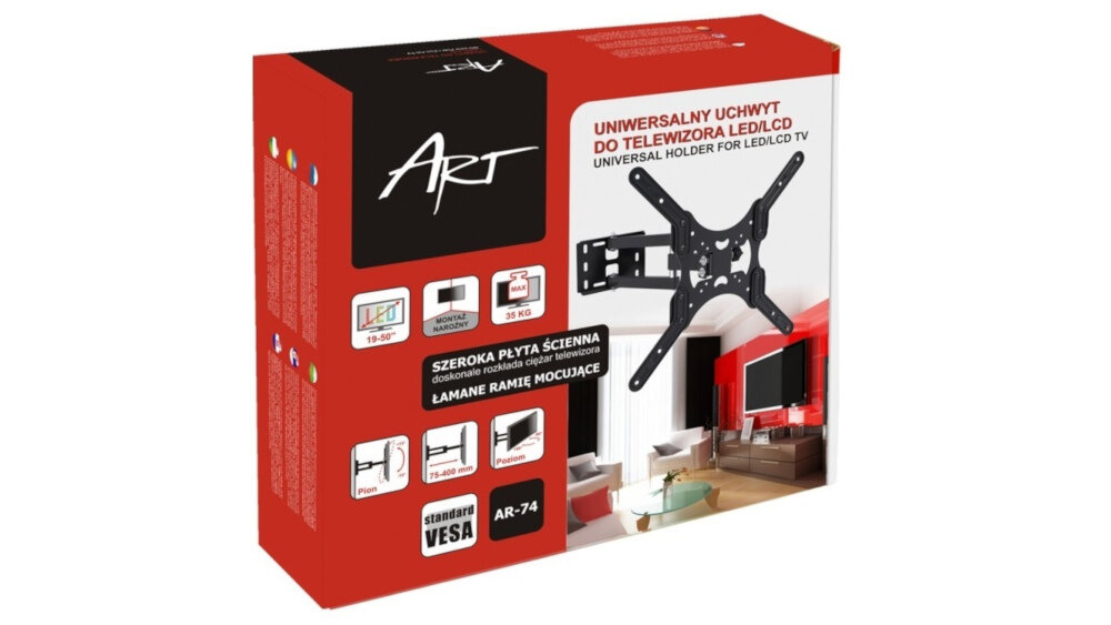 Opakowanie uchwytu do telewizora z logo \'ART\' i napisem \'UNIWERSALNY UCHWYT DO TELEWIZORA LED/LCD\'. Widoczne są również informacje o produkcie, takie jak \'STANDARD VESA AR-74\' oraz ilustracje montażu.