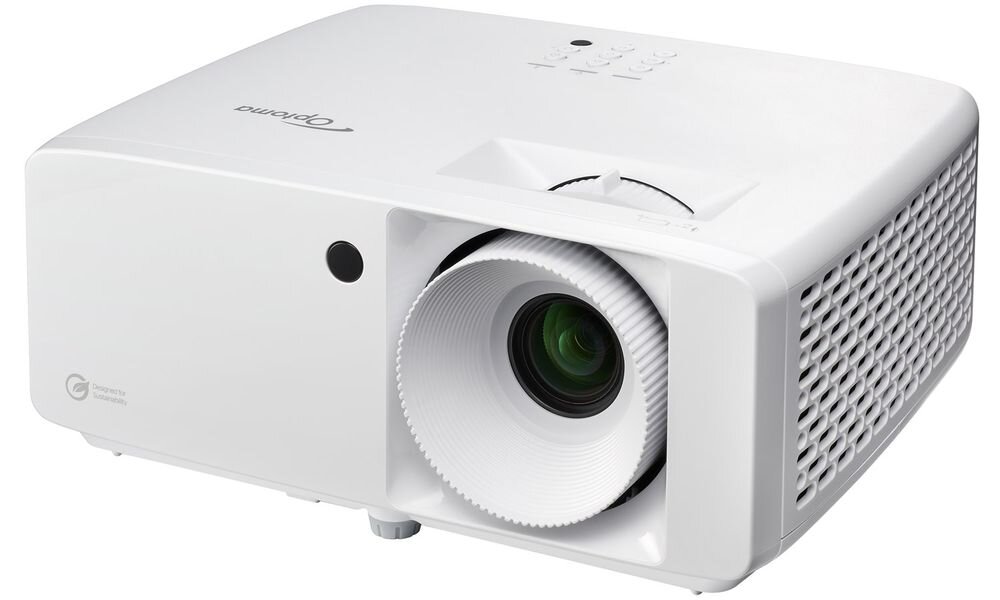 Biały projektor z widocznym obiektywem i logo \'Optoma\' na górnej powierzchni. Obok obiektywu znajduje się logo \'DuraCore Laser\'.