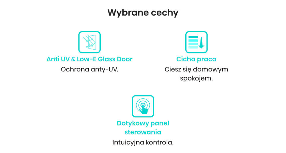 Grafika przedstawia trzy ikony z opisami: \'Anti UV & Low-E Glass Door Ochrona anty-UV.\', \'Cicha praca Ciesz się domowym spokojem.\', \'Dotykowy panel sterowania Intuicyjna kontrola.\'.