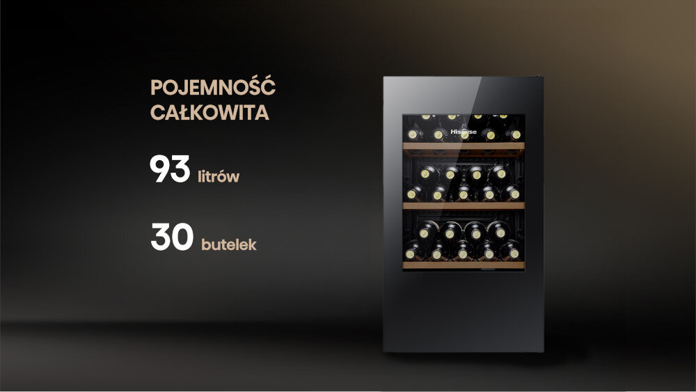 Obraz przedstawia chłodziarkę do wina z trzema półkami wypełnionymi butelkami. Obok widnieje tekst: \'POJEMNOŚĆ CAŁKOWITA 93 litrów 30 butelek\'.