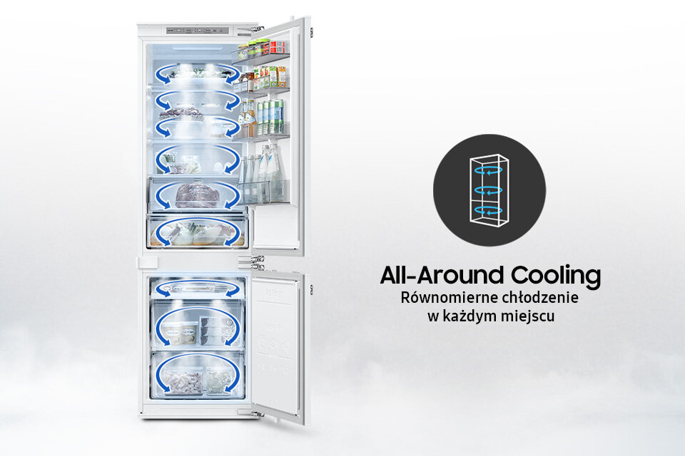 Obraz przedstawia otwartą lodówkę z widocznymi półkami i produktami spożywczymi. Obok znajduje się grafika z napisem \'All-Around Cooling Równomierne chłodzenie w każdym miejscu\'.