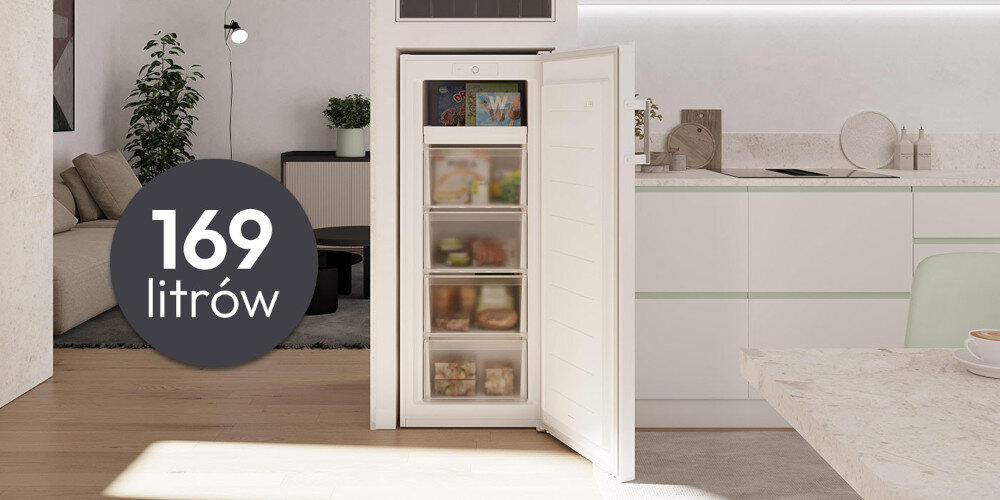 Otwarta zamrażarka szufladowa z widocznymi produktami spożywczymi w środku, umieszczona w nowoczesnej kuchni. Na obrazie widnieje napis \'169 litrów\'.