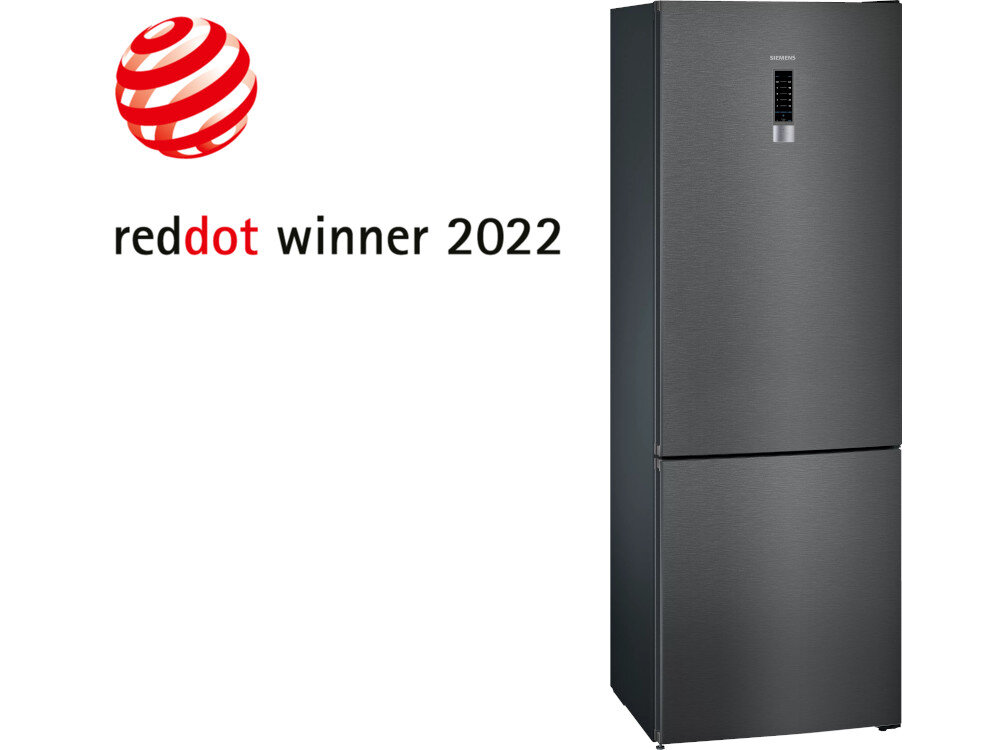 Grafitowa lodówka z dwoma drzwiami, na górze widoczny panel sterowania. Obok znajduje się logo z napisem \'reddot winner 2022\'.