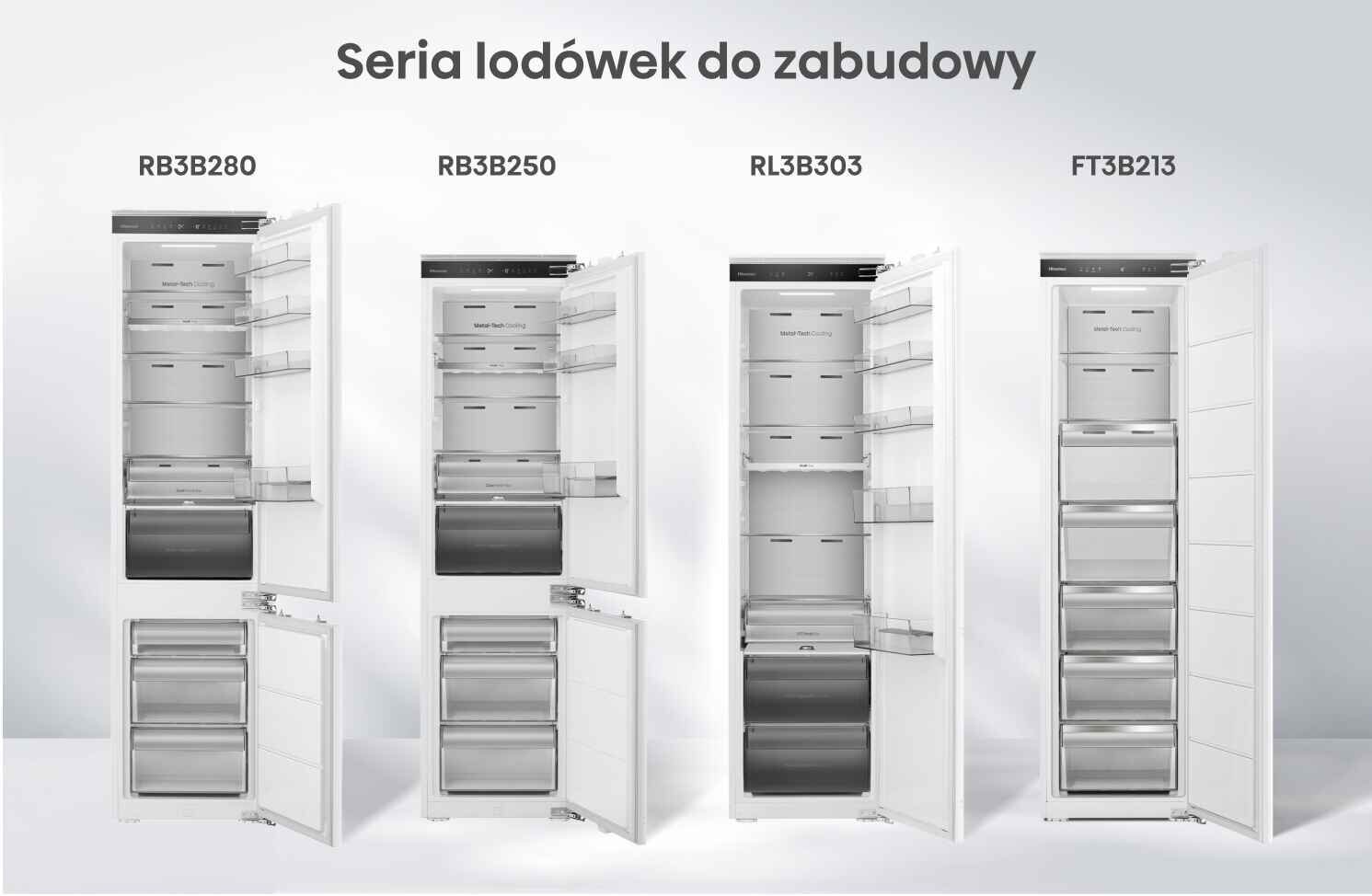 Obraz przedstawia cztery modele lodówek do zabudowy z otwartymi drzwiami, oznaczone jako RB3B280, RB3B250, RL3B303 i FT3B213. Nad lodówkami widnieje napis \'Seria lodówek do zabudowy\'.
