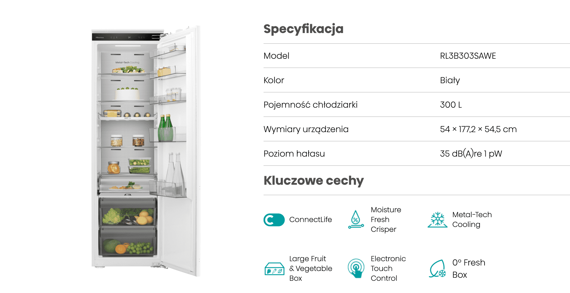 Otwarta lodówka z widocznymi półkami, na których znajdują się różne produkty spożywcze. Obok lodówki znajduje się tabela specyfikacji i kluczowych cech, w tym informacje o klasie energetycznej, pojemności i technologii chłodzenia.