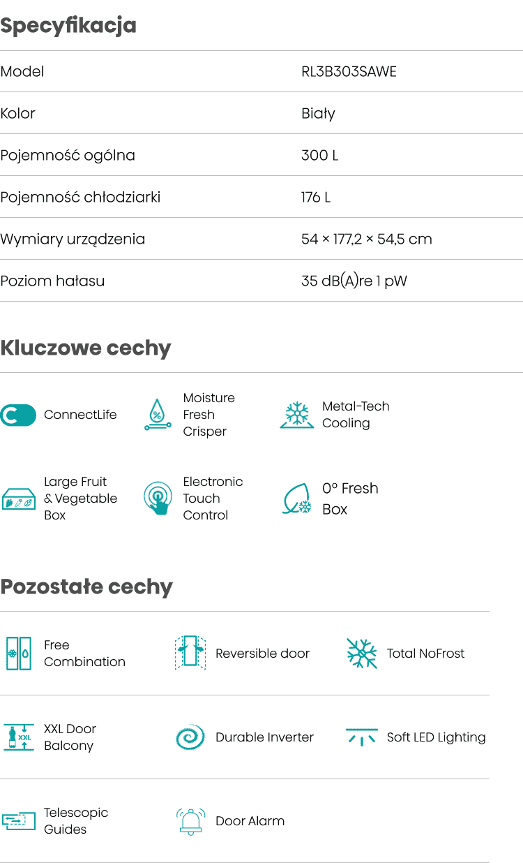 Obraz przedstawia specyfikację lodówki HISENSE RL3B303SAWE z funkcjami takimi jak Wi-Fi ConnectLife i Metal Tech Cooling. Wymiary urządzenia to 54 x 177,2 x 54,5 cm, a pojemność ogólna wynosi 300 L.