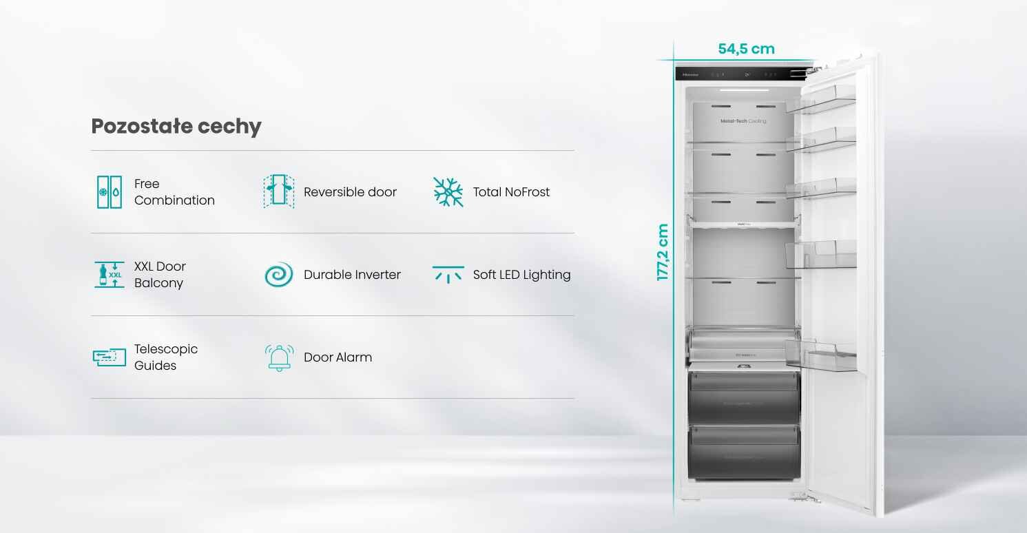 Obraz przedstawia otwartą lodówkę z widocznymi półkami i szufladami, obok której znajdują się wypunktowane cechy: Free Combination, Reversible door, Total NoFrost, XXL Door Balcony, Durable Inverter, Soft LED Lighting, Telescopic Guides, Door Alarm. Wymiary lodówki to 54,5 cm szerokości i 177,2 cm wysokości.