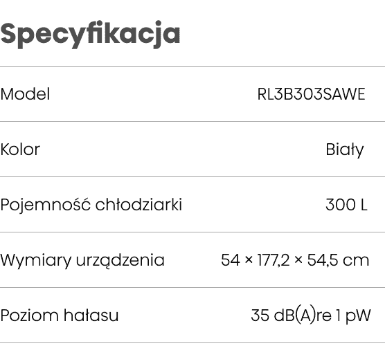 Specyfikacja lodówki obejmuje model RL3B303SAWE, kolor biały, pojemność chłodziarki 300 L, wymiary 54 × 177,2 × 54,5 cm oraz poziom hałasu 35 dB(A) re 1 pW.