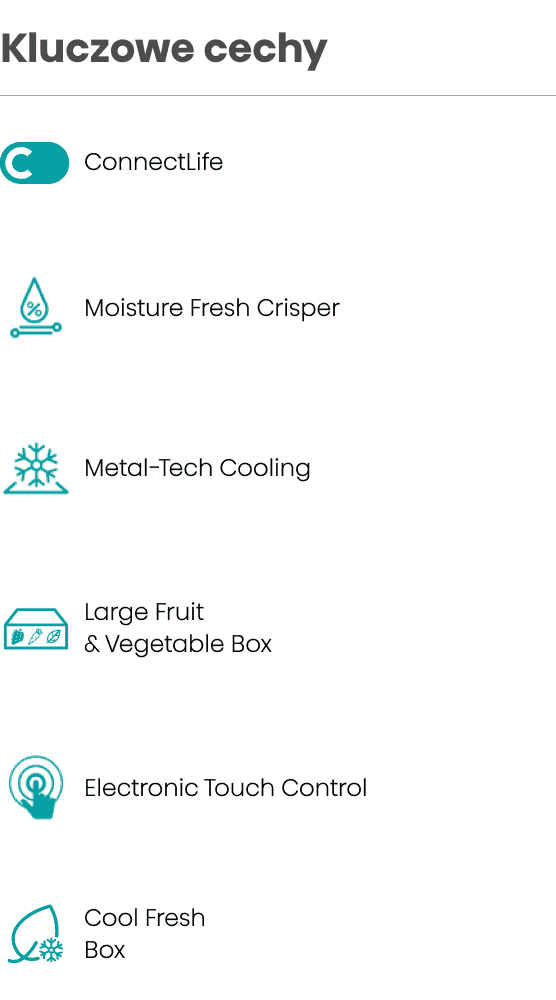 Obraz przedstawia listę kluczowych cech produktu z ikonami i tekstem: ConnectLife, Moisture Fresh Crisper, Metal-Tech Cooling, Large Fruit & Vegetable Box, Electronic Touch Control, Cool Fresh Box.