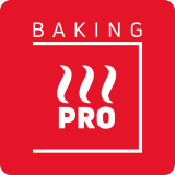 Czerwone logo z białym napisem \'BAKING PRO\' oraz trzema falistymi liniami symbolizującymi ciepło.