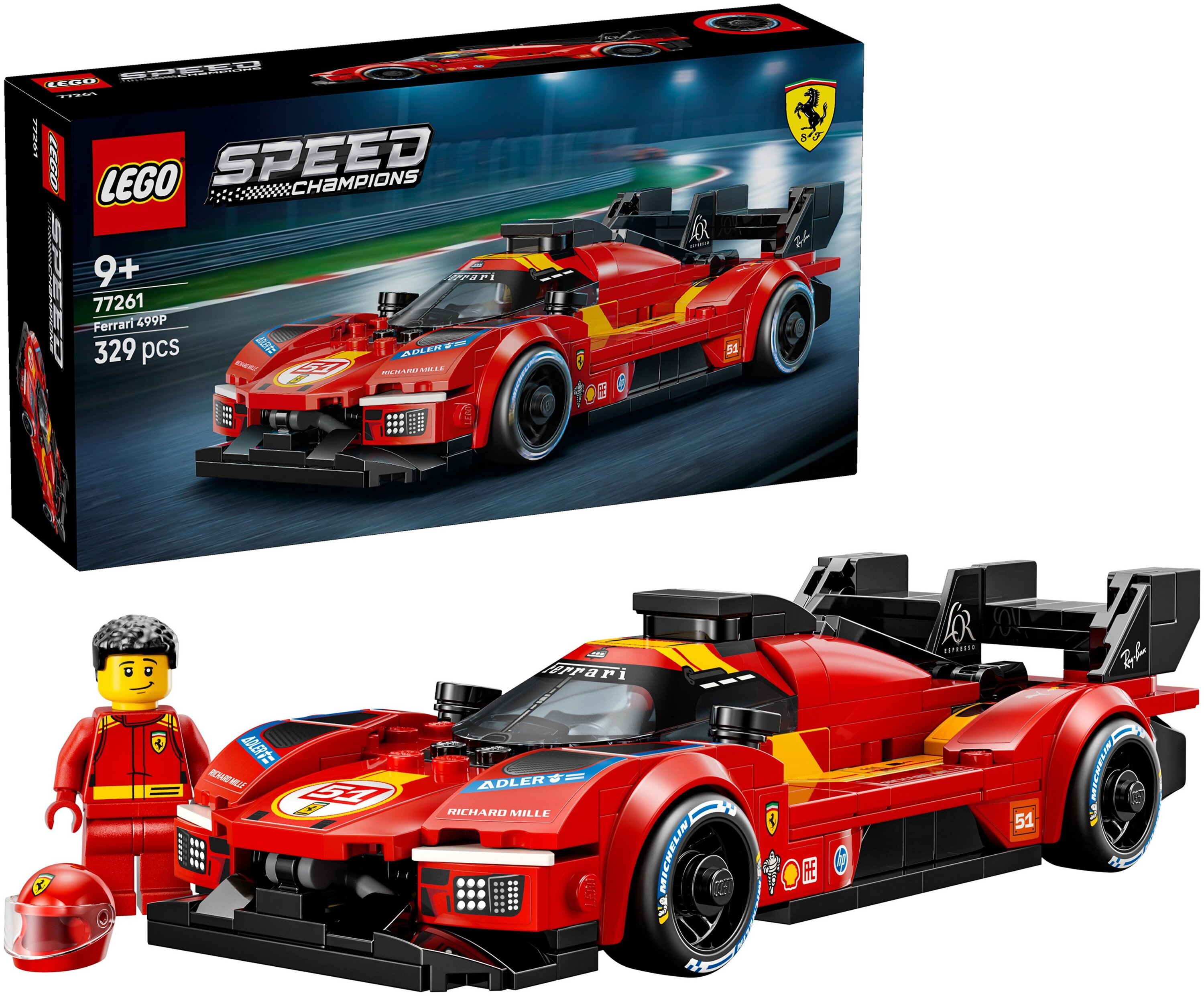 Na obrazie widoczny jest zestaw LEGO Speed Champions Ferrari 499P, składający się z czerwonego samochodu wyścigowego i figurki kierowcy. Opakowanie zawiera informacje: \'9+\', \'77261\', \'Ferrari 499P\', \'329 pcs\'.
