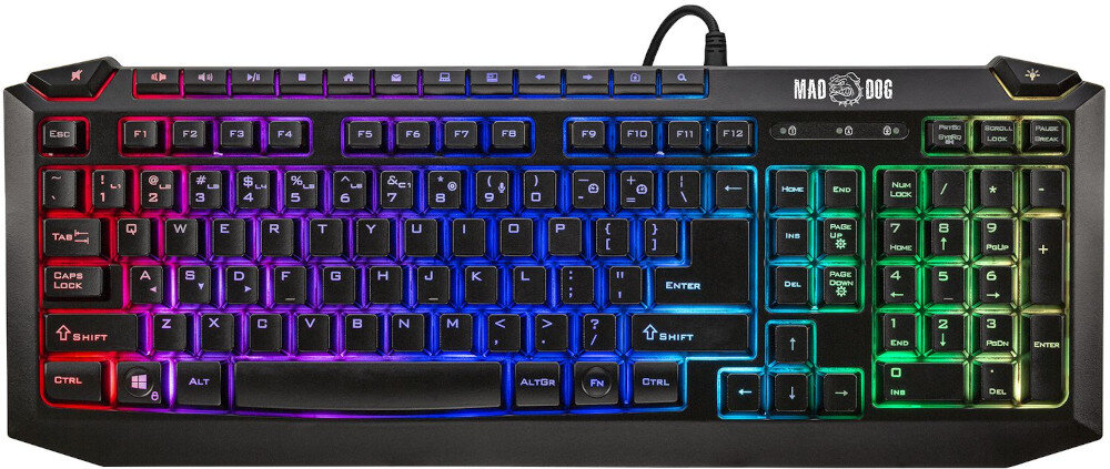 Klawiatura z podświetleniem RGB, posiadająca pełny układ klawiszy oraz logo \'MAD DOG\' na górze. Widoczne są klawisze funkcyjne, numeryczne oraz strzałki kierunkowe.
