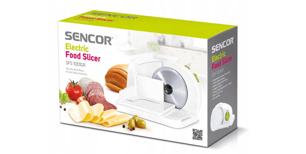 Opakowanie krajalnicy SENCOR SFS 1001GR z widocznym zdjęciem urządzenia oraz pokrojonych produktów spożywczych. Na opakowaniu znajduje się tekst: \'SENCOR Electric Food Slicer SFS 1001GR\'.