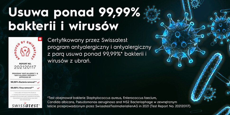 Grafika przedstawia tekst: \'Usuwa ponad 99,99% bakterii i wirusów. Certyfikowany przez Swissatest program antyalergiczny i antyalergiczny z parą usuwa ponad 99,99% bakterii i wirusów z ubrań.\' Obok znajduje się logo Swissatest i szczegóły dotyczące testu, w tym numer raportu 202120117.