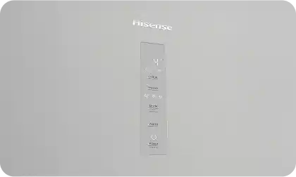 Panel sterowania lodówki z logo Hisense, zawierający przyciski i ikony do regulacji temperatury oraz innych funkcji. Tło jest srebrne.