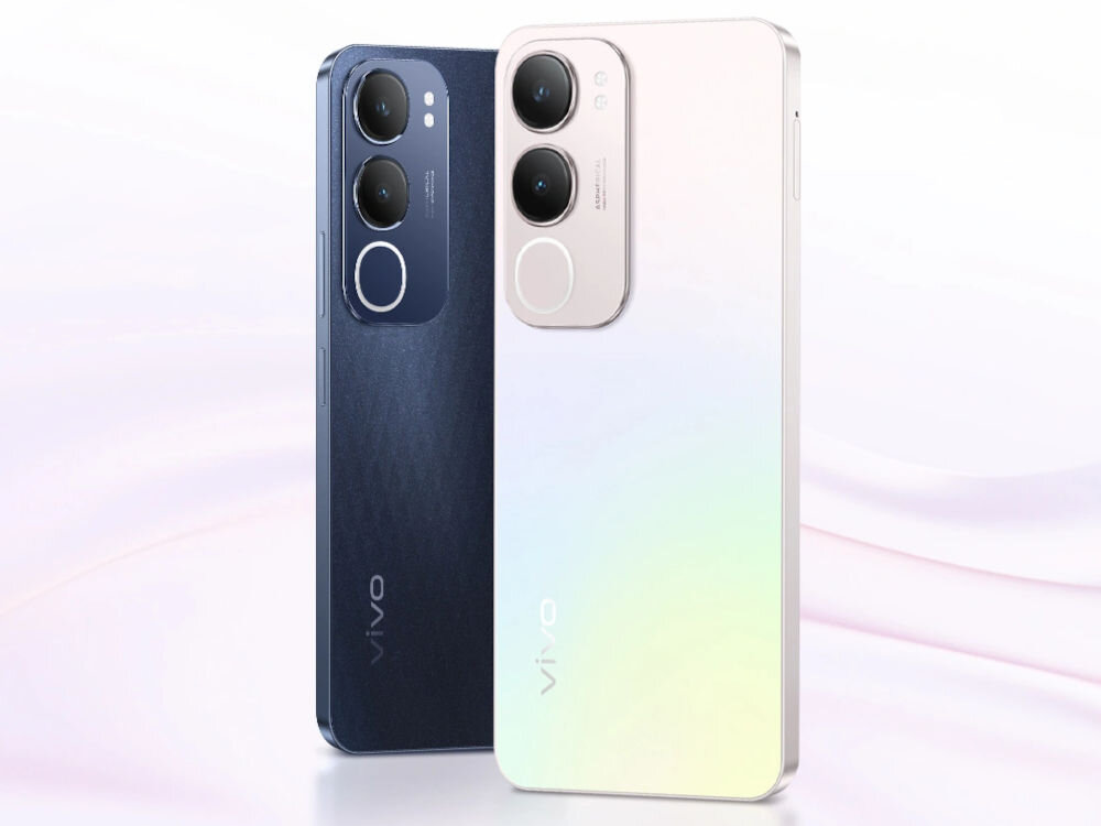 Na obrazie widoczne są dwa smartfony marki Vivo, jeden w kolorze granatowym, drugi w srebrnym z gradientem. Oba urządzenia mają podwójne aparaty fotograficzne z tyłu oraz logo \'vivo\'.