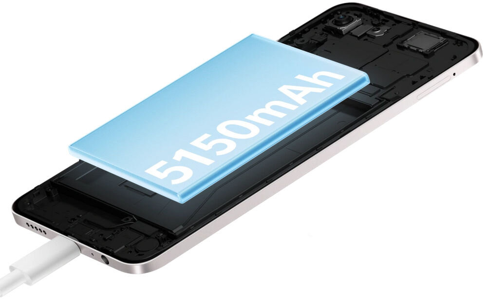 Obraz przedstawia smartfon z widocznym wnętrzem, na którym znajduje się duża niebieska bateria z napisem \'5150mAh\'. Telefon jest podłączony do ładowarki.