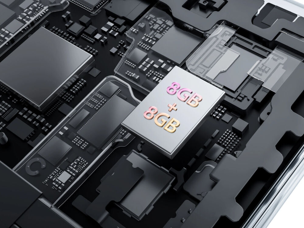 Obraz przedstawia wnętrze urządzenia elektronicznego z widocznymi komponentami, na jednym z nich znajduje się napis \'8GB + 8GB\'.