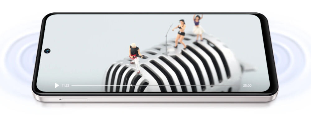 Smartfon z wyświetlaczem pokazującym miniaturowe postacie stojące na dużym mikrofonie. Na ekranie widoczny jest pasek odtwarzania wideo z czasem 1:23 do 25:00.