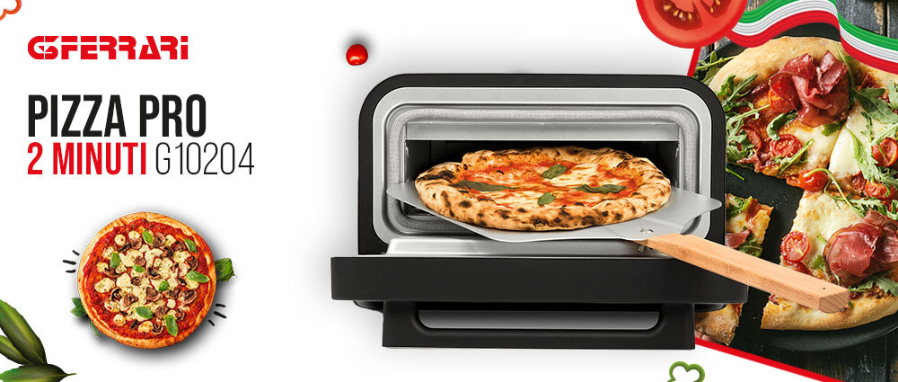Obraz przedstawia piec do pizzy z pizzą na łopatce, a obok widoczne są kawałki pizzy. Na obrazie znajduje się tekst: \'G3FERRARI PIZZA PRO 2 MINUTI G10204\'.