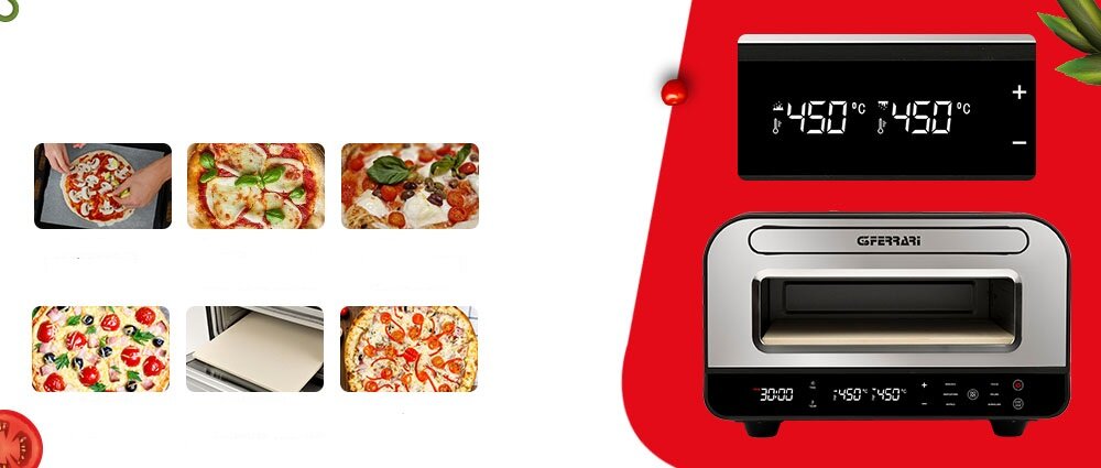Obraz przedstawia piec do pizzy z logo \'G3FERRARI\' oraz wyświetlaczem pokazującym temperaturę 450°C. Obok znajdują się zdjęcia pizzy i kamienia do pieczenia.