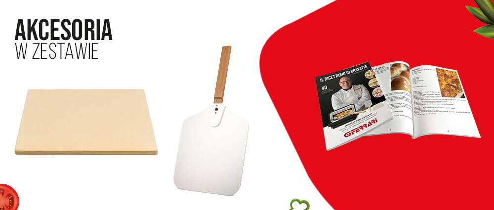Obraz przedstawia akcesoria w zestawie: kamień do pieczenia, łopatkę do pizzy z drewnianą rączką oraz otwartą książkę kucharską z logo G3FERRARI. W tle widoczne są elementy dekoracyjne, takie jak plasterki pomidora i liście.