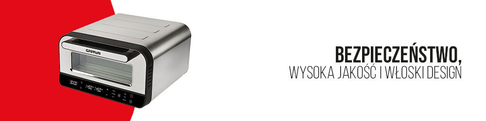 Na obrazie widoczny jest srebrny piec do pizzy z logo G3FERRARI. Obok znajduje się tekst: \'BEZPIECZEŃSTWO, WYSOKA JAKOŚĆ I WŁOSKI DESIGN\'.